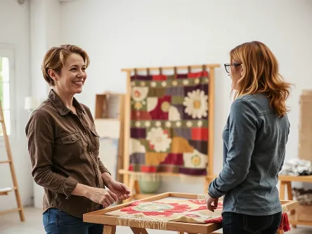 Tufting expert explaining a concept with a rug in the background