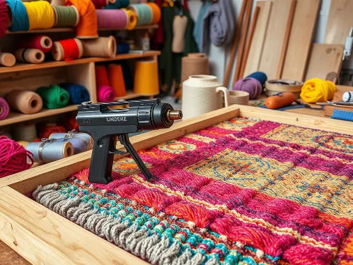 A tufting gun making a rug on a frame with yarn and tools
