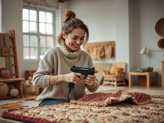 Woman happily tufting a rug with a tufting gun