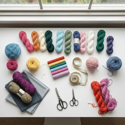 Overhead shot of various yarn skeins and fabric swatches arranged neatly on a crafting table, with crafting tools