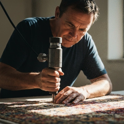 Person using a tufting gun to create a rug, demonstrating precision and control, no text, no words, no typography, clean image