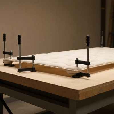 Close-up of a tufting frame being stabilized with clamps on a sturdy table, focused on the fabric tension, no text, no words, no typography, no labels, clean image