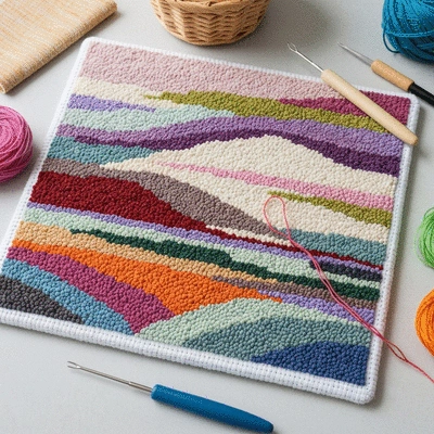Overhead shot of a vibrant punch needle art piece in progress, showcasing various colors and textures, with crafting supplies neatly arranged around it