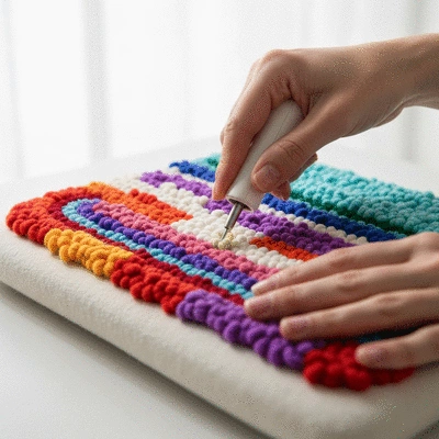 Close-up of hands using a punch needle tool on fabric with colorful yarn, creating textured loops, well-lit studio setting, no text, no words, no typography