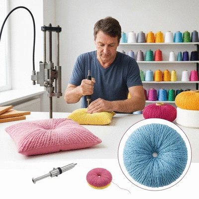 Overhead view of a clean tufting workshop with various tools and yarns