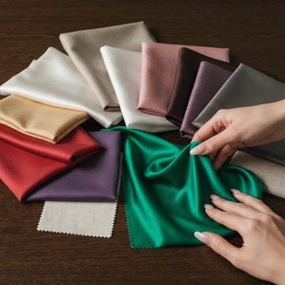 A variety of colorful fabric swatches laid out on a table, showcasing different textures and weights, with a hand gently touching one swatch, no text, no words, no typography, no labels, clean image