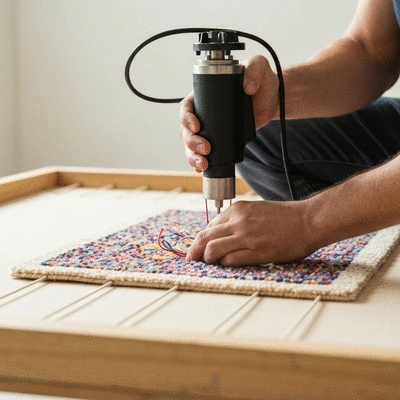 Person using a tufting gun to create a rug on a frame