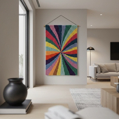 A finished punch needle tufting art piece, a colorful abstract design on a wall hanging, showcasing texture and vibrancy, in a modern living space, no text, no words, no typography