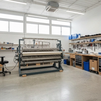 Modern tufting studio with hard flooring and a tufting frame, natural light, organized tools, no text, no words, no typography, no labels, clean image