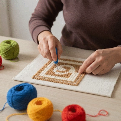 Person using a punch needle to create a textured design on fabric, with various colorful yarns and tools visible on a clean wooden table