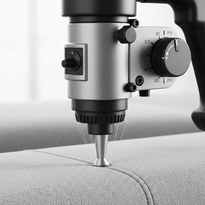 Close-up of a tufting gun with clear speed and pressure dials, in action on a fabric, no text, no words, no typography, clean image