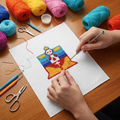 Close-up of hands using an adjustable punch needle on Monk's cloth, surrounded by colorful yarns and crafting tools on a clean wooden table