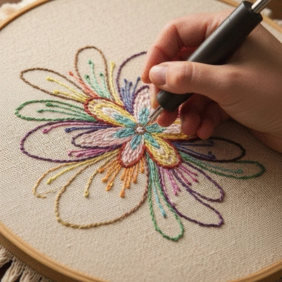Punch needle crafting in progress with various colorful yarns and fabric